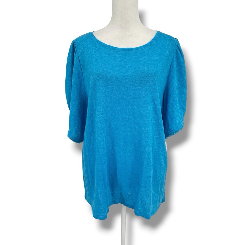 Chico's 100% Linen Blouse Top Sz 2 L Blue Flutter Sleeve Relaxed Summer Coastal